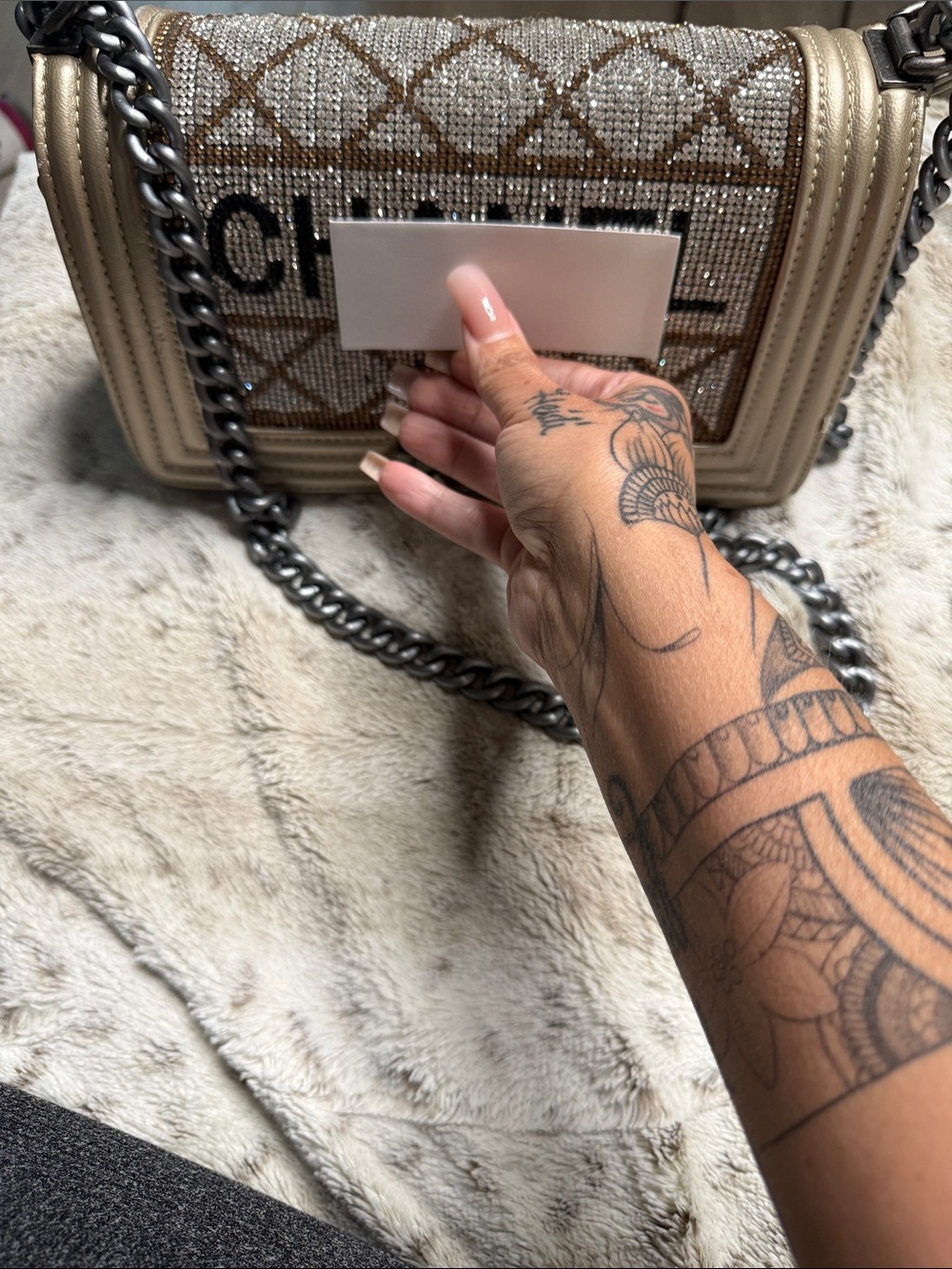 Beige Crystal-Embellished Chain Shoulder Bag